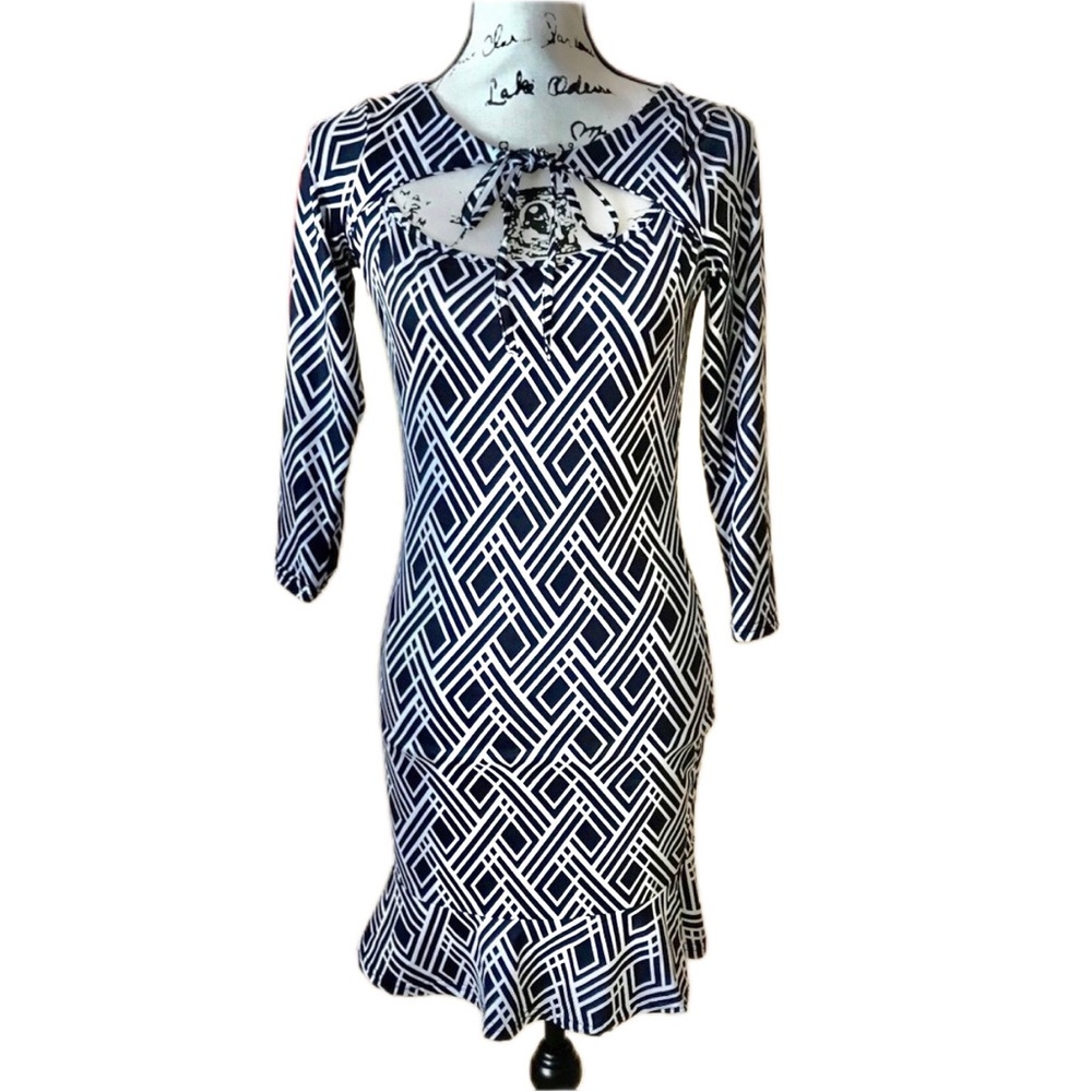 Geometric Tie-Front Ruffle Dress